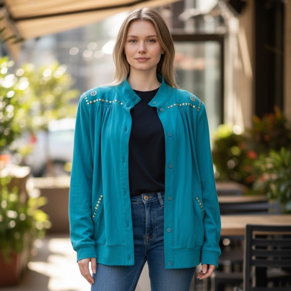 Vintage Ralph Teal Studded Jacket Western Glam Shoulder Pads Women’s Size L 80s